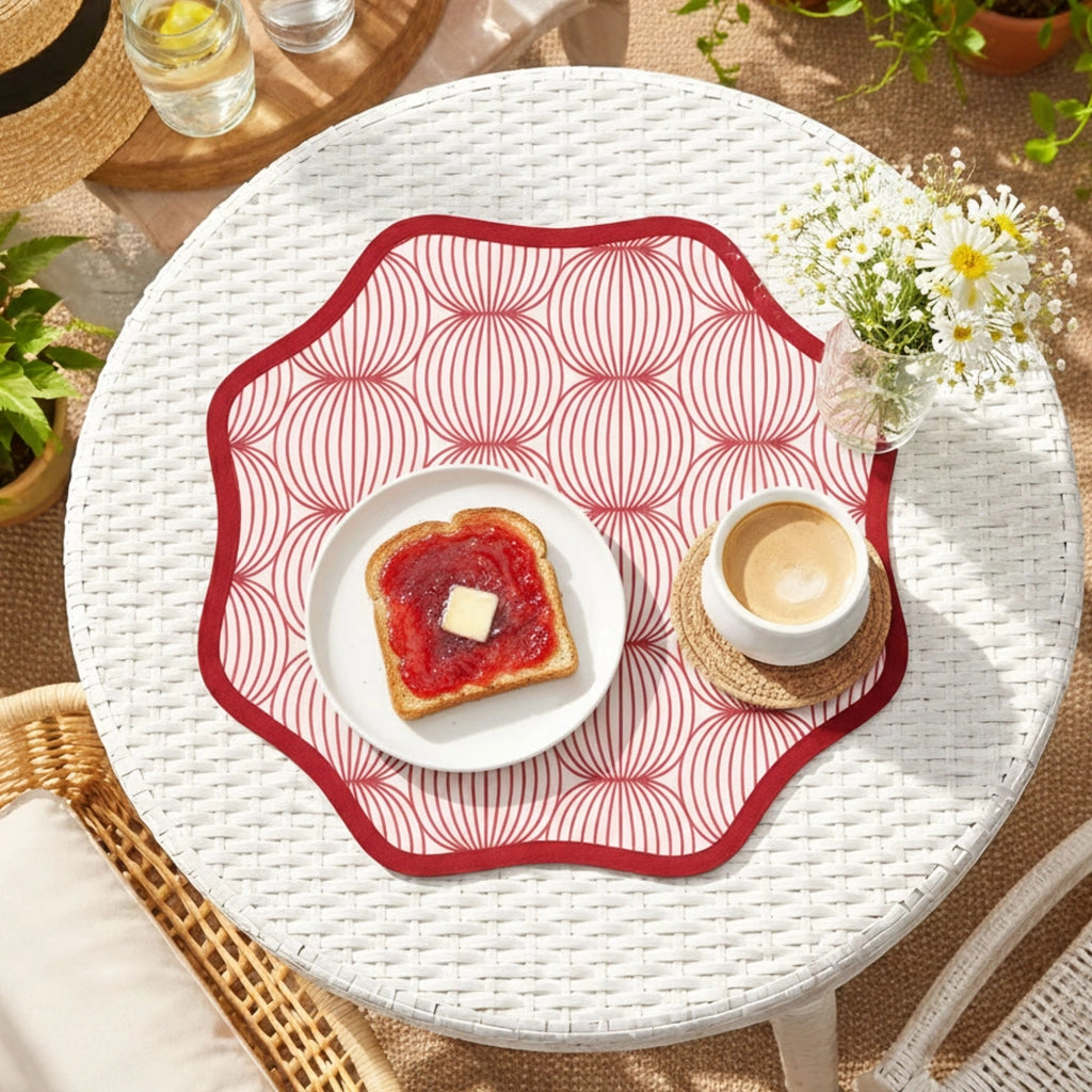 Kalp, Tovaglietta Americana set da 6, Bordo Ondulato, Fantasia Geometrica a Cerchi Intrecciati Made in Italy, 40x40 cm Rosso