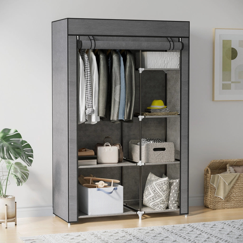 Armadio con ante in tessuto ¨C zephmum ¨C 6 ripiani, appendiabiti, grigio scuro