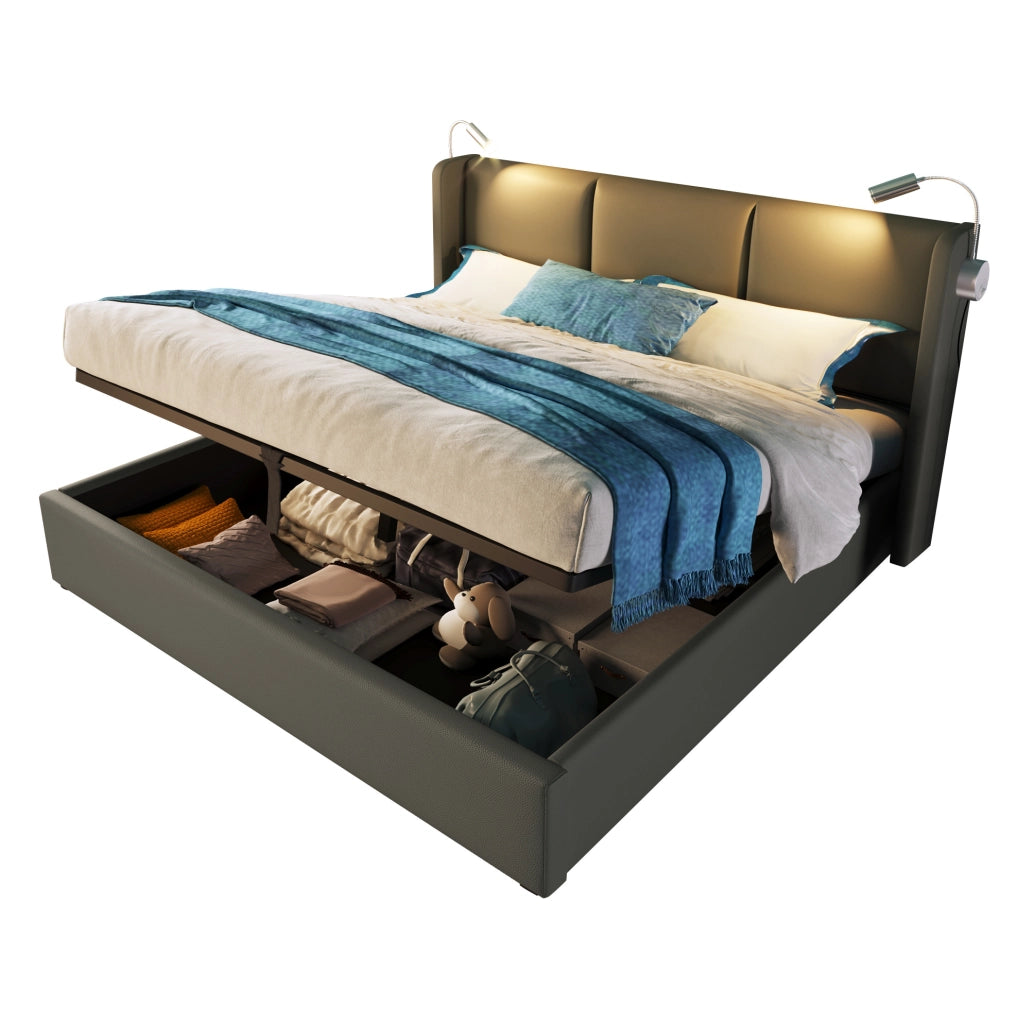 Letto matrimoniale 160x200 cm in PU grigio con contenitore; luce lettura e porta USB