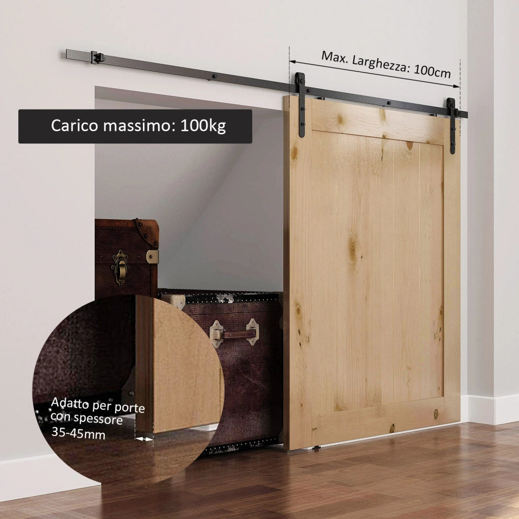 Binario per Porta Scorrevole con Kit Accessori e Rulli, Portata 100kg, Acciaio al Carbonio, 200x4x0.6 cm
