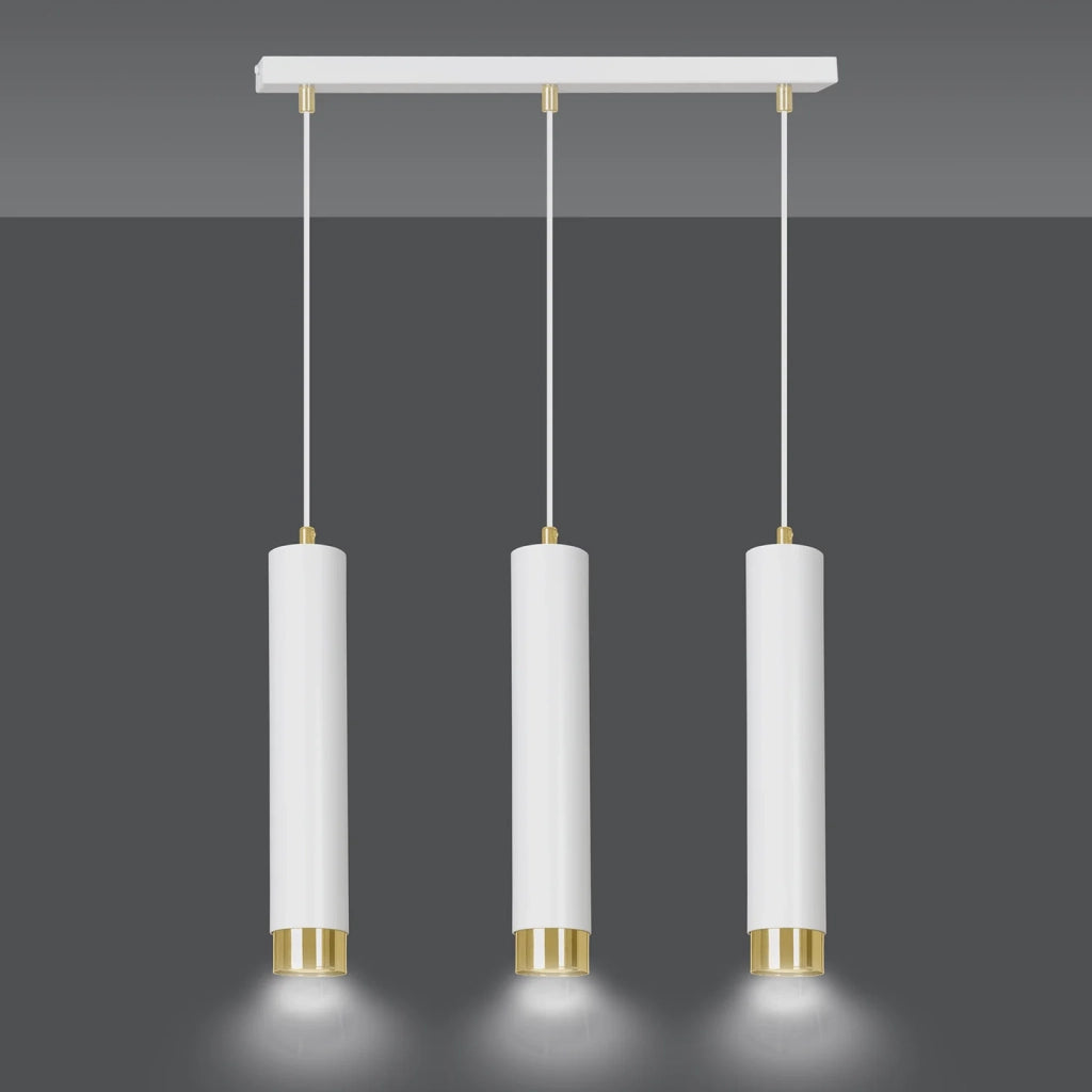 Lampadario 3 Luci Brunilde In Acciaio Bianco E Tubolari In Bianco E Oro