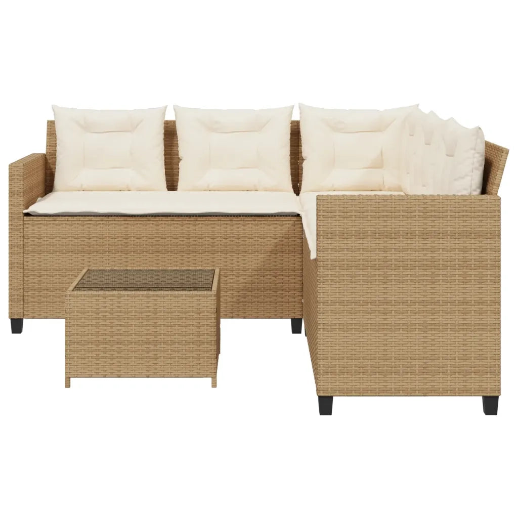 Divano da Giardino con Tavolo e Cuscini a L Beige in Polyrattan