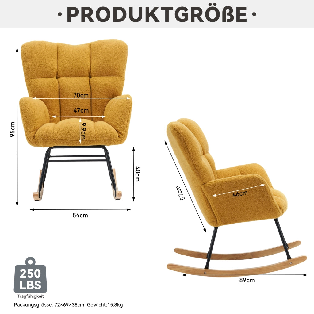 OKWISH Poltrona a Dondolo, Schienale Alto Ergonomico e Braccioli Imbottiti, Base in Legno e Metallo, Teddy Giallo 80 x 70 x 95 cm