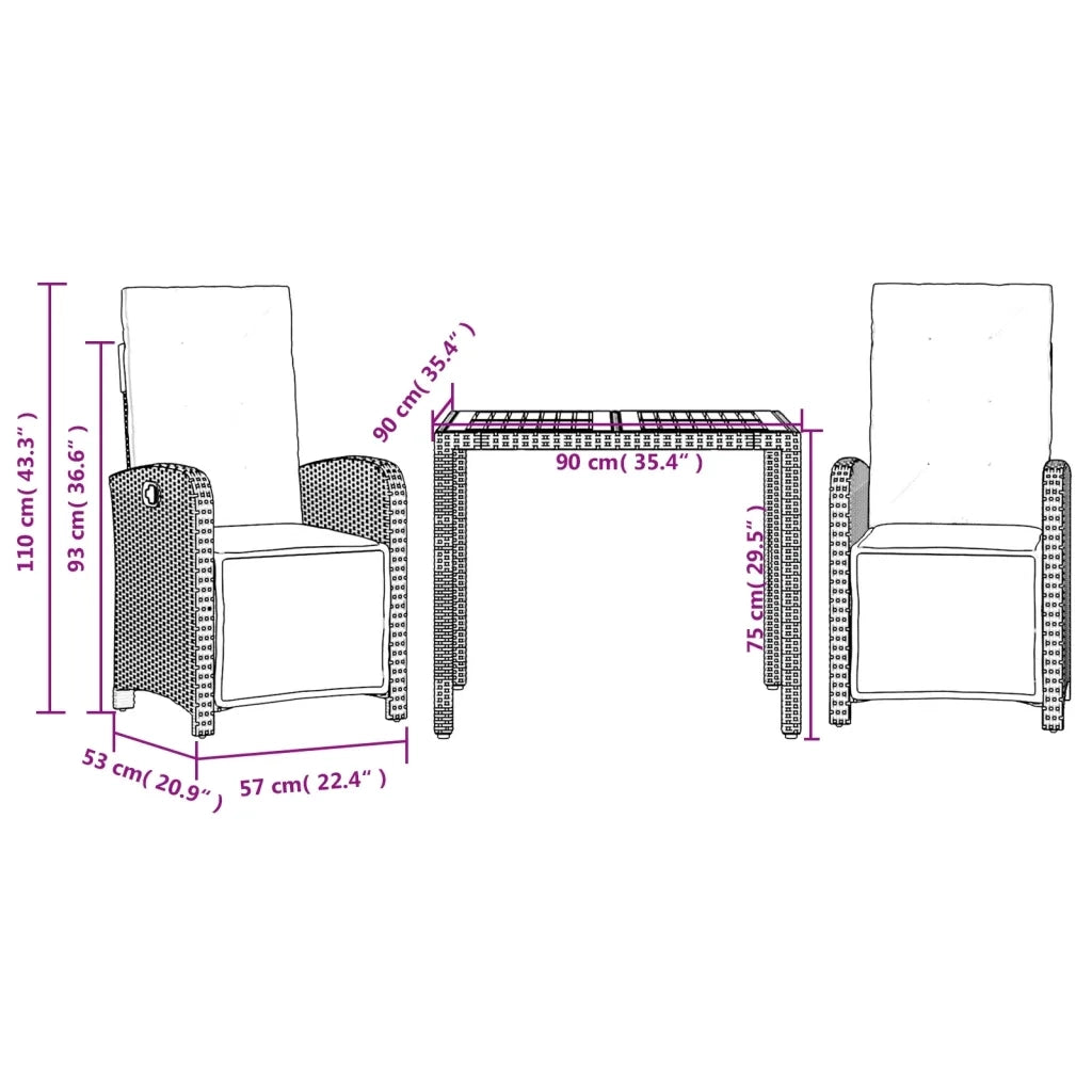 Set da Bistrò 3 pz con Cuscini Nero in Polyrattan 3212468
