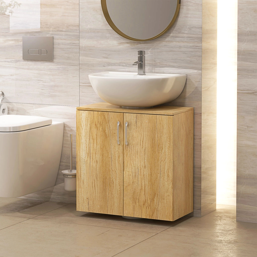 Mobiletto Bagno Sottolavabo Sospeso a 2 Ante con 2 Ripiani in Legno, Colore Naturale