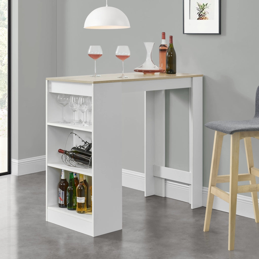Bancone Tavolo Alto da Bar Kouvola con 3 Scomparti Aperti 110x50x103 cm - Bianco/Effetto Rovere [en.casa]