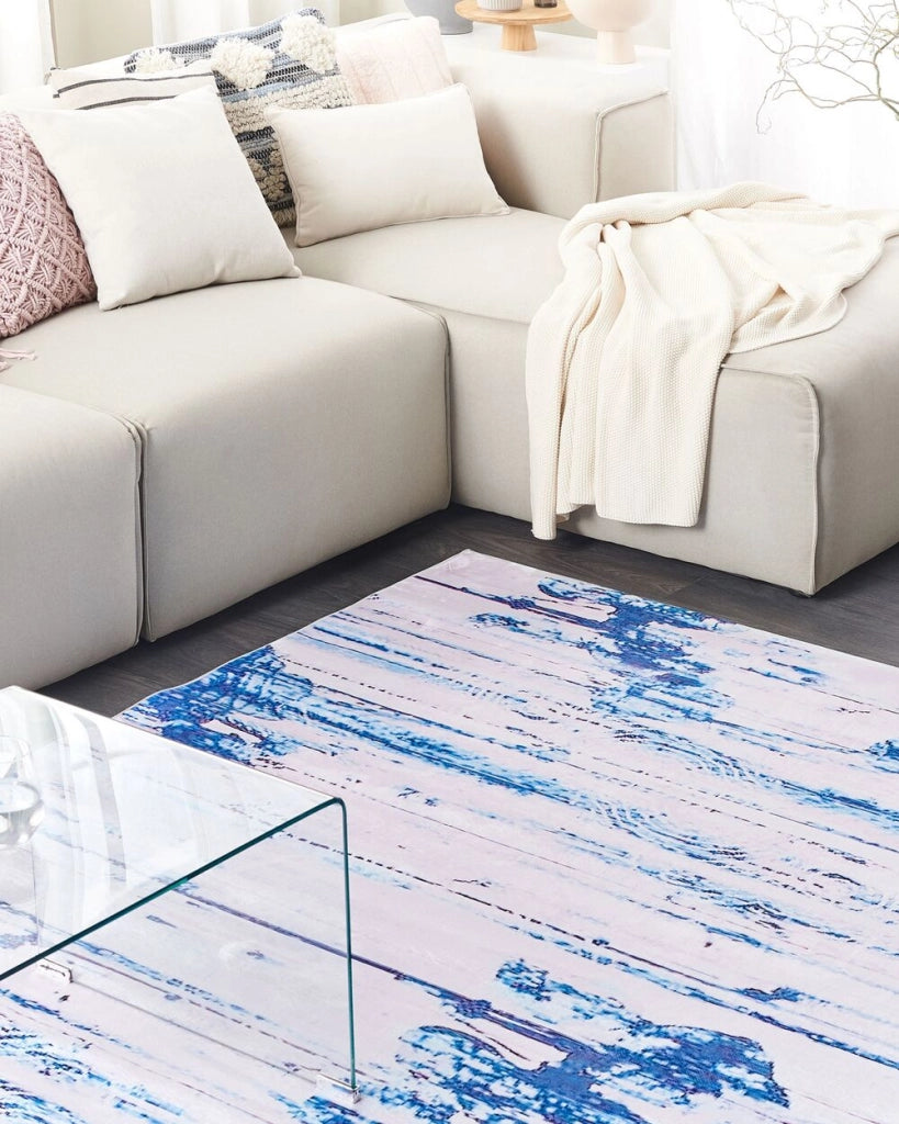 Tappeto tappetino Moquette Tessuto in poliestere beige e blu Motivo astratto invecchiato Fondo rivestito in gomma 140 x 200 cm