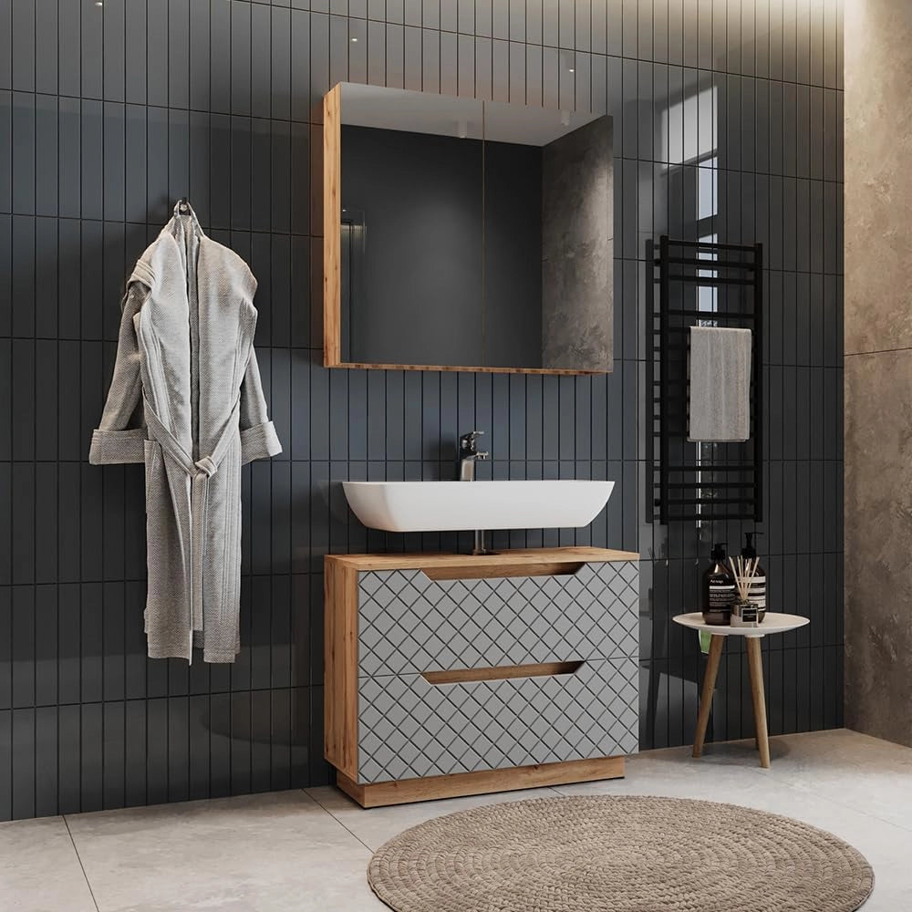 Set di mobili da bagno Lotta, Rovere/grigio con struttura in piastrelle, 2 parti