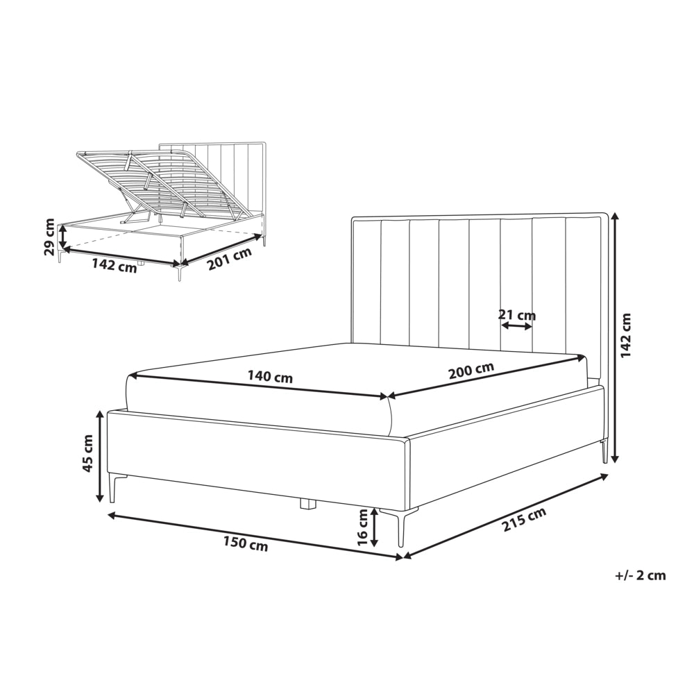 Letto in velluto grigio chiaro matrimoniale 140 x 200 cm con ottomana testata imbottita contenitore gambe in metallo Nero