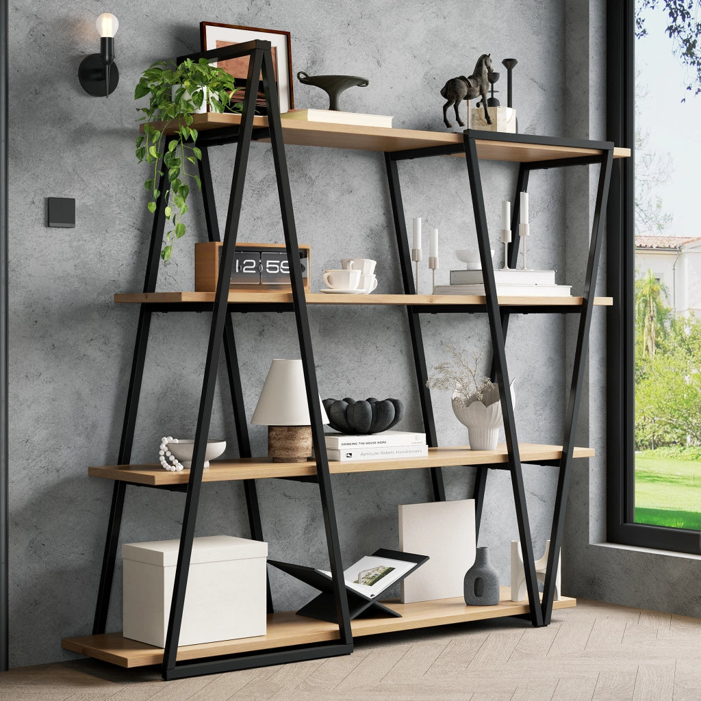 Libreria geometrica da terra 158×35×166 cm con struttura in metallo e ripiani in MDF 25 mm, colore nero/marrone