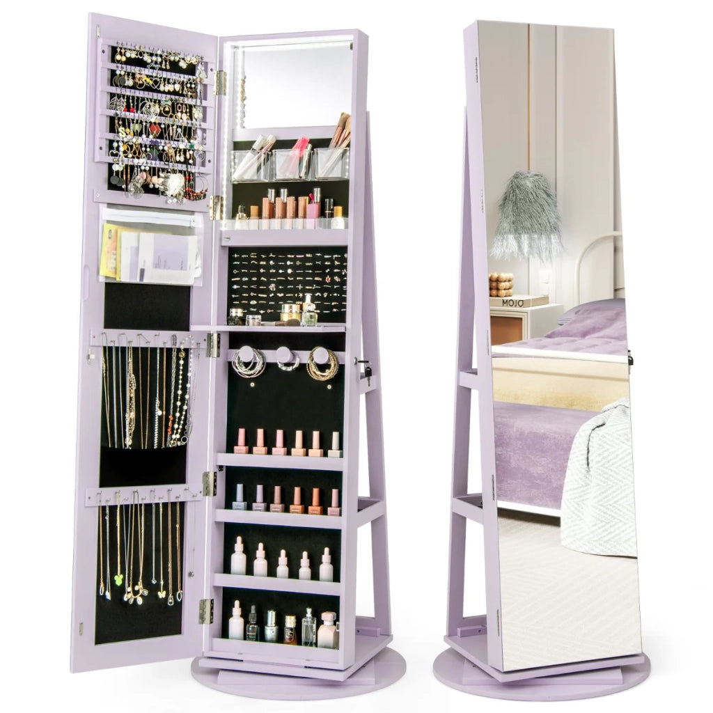 Mobiletto portagioielli 3 in 1 con specchio a figura intera 54,5 x 161 cm con rotazione a 360° e comodo spazio di archiviazione realizzato in MDF viola 20_0010356