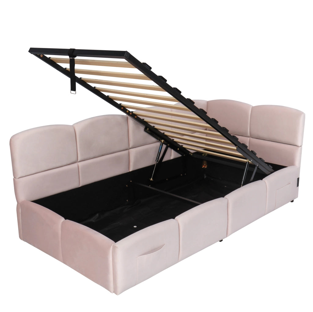 Letto singolo imbottito 90x200 cm con contenitore idraulico; USB-A e USB-C; velluto rosa