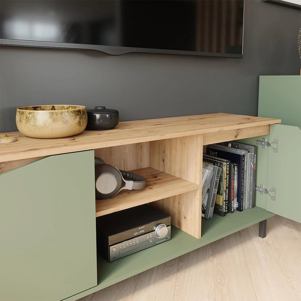 Mobile tv Marelle, Verde/Artigianale, 150 x 60 cm con 2 porte, adatto all'uso come mobile TV o mobile multimediale