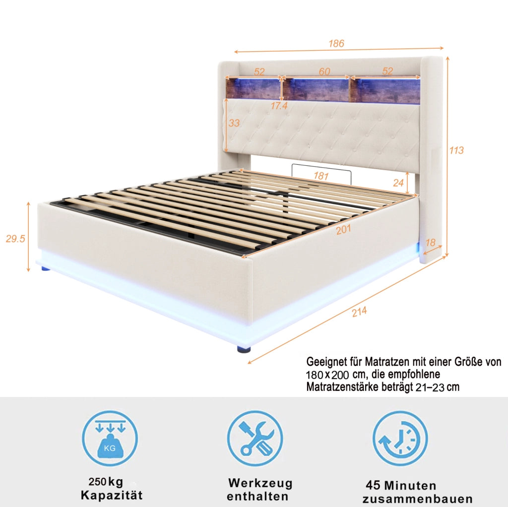 Letto imbottito LED con USB e ampio spazio contenitivo