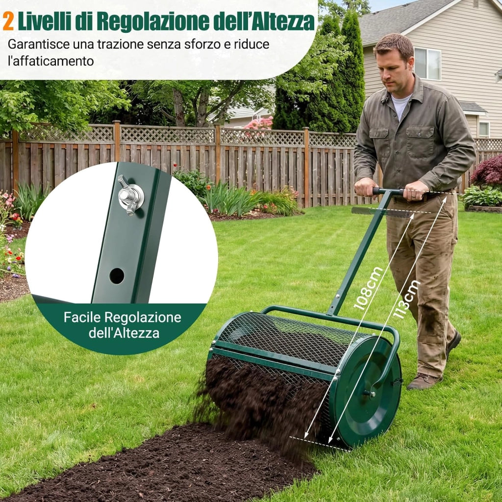 Spandiconcime a Rullo, Rullo da Giardino con Impugnatura Pratica Chiusure Laterali e Rete in Metallo per Concimazione e Semina, Spandiconcime per Prato e Giardino (40 x 61 cm Verde)