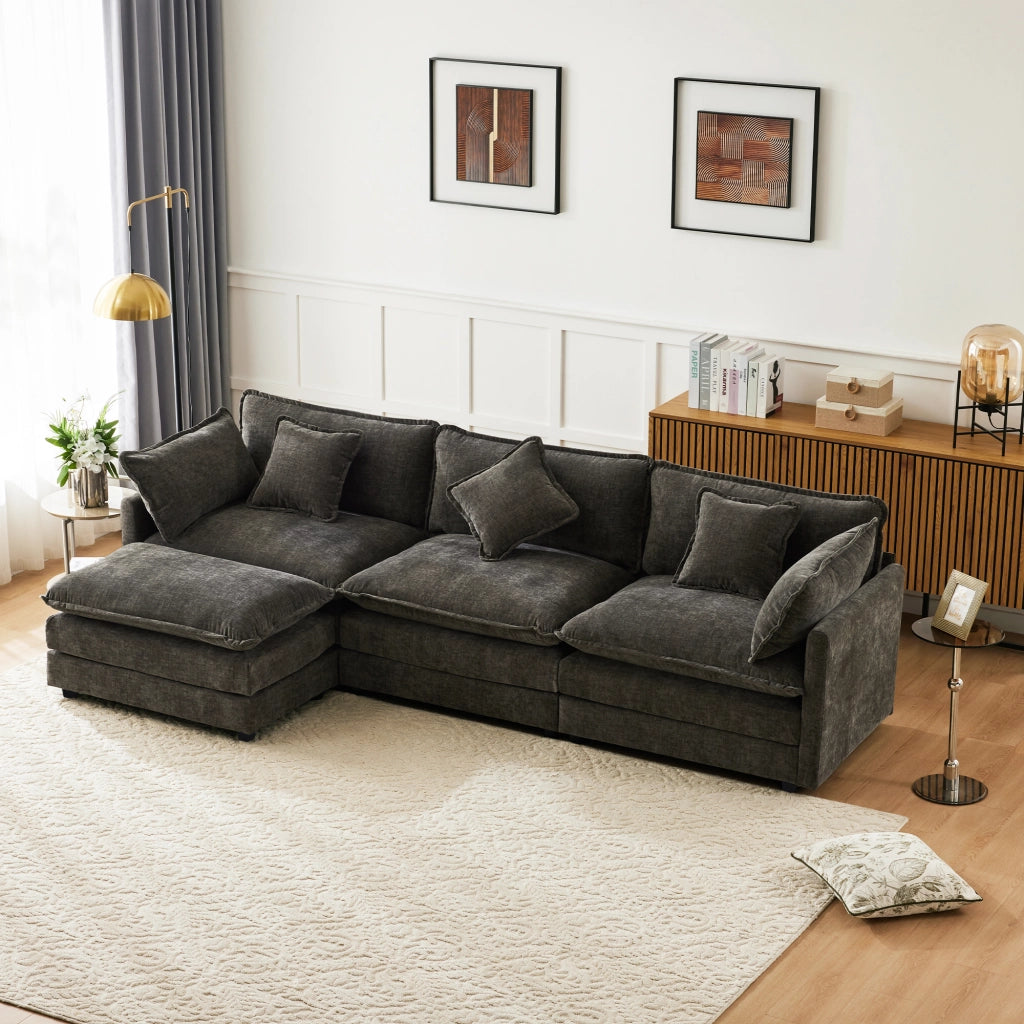DIVANO Angolare L 283x147x84 cm in Chenille Grigio scuro con pouf mobile