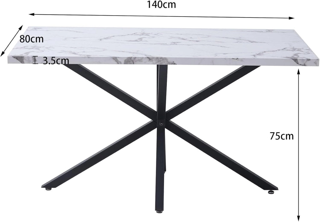 GrandCA HOME Tavolo da Pranzo Moderno da 140 cm con Piano Effetto Marmo, Tavolo da Cucina con Quattro Gambe in Metallo, per Sala da Pranzo in Soggiorno, WH+BK