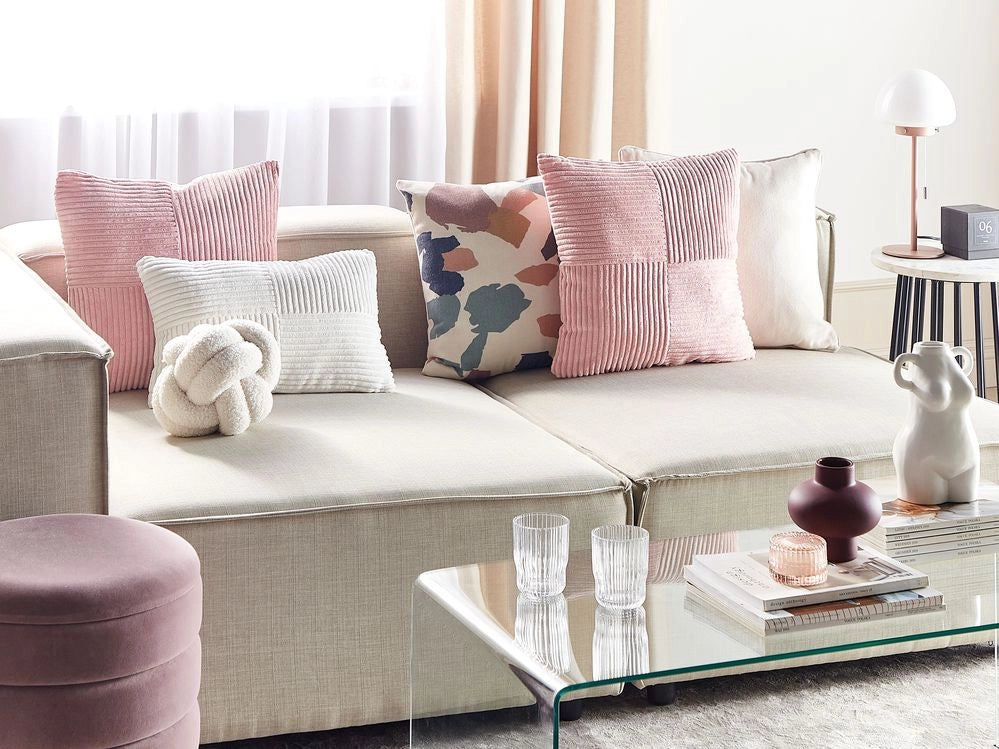 Set di 2 cuscini decorativi in velluto a coste rosa 43 x 43 cm con motivo a righe Design moderno Cuscini decorativi
