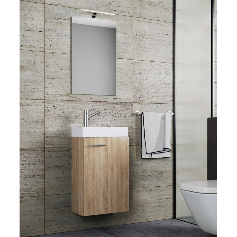 LineaViva Mobile Sospeso con lavabo in ceramica di alta qualità e specchio con luce a led, Rovere Sonoma , lavabo Bianco