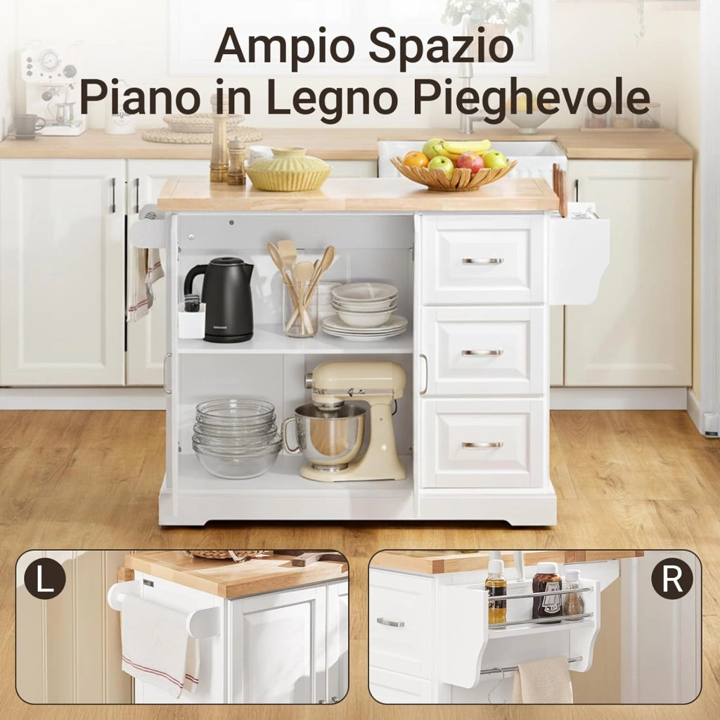 isola cucina con piano di lavoro in legno massello allungabile carrello da cucina con ruote mobile cucina con 3 cassetti Bianco 130x91x(46-71) cm FKW41-II-WN