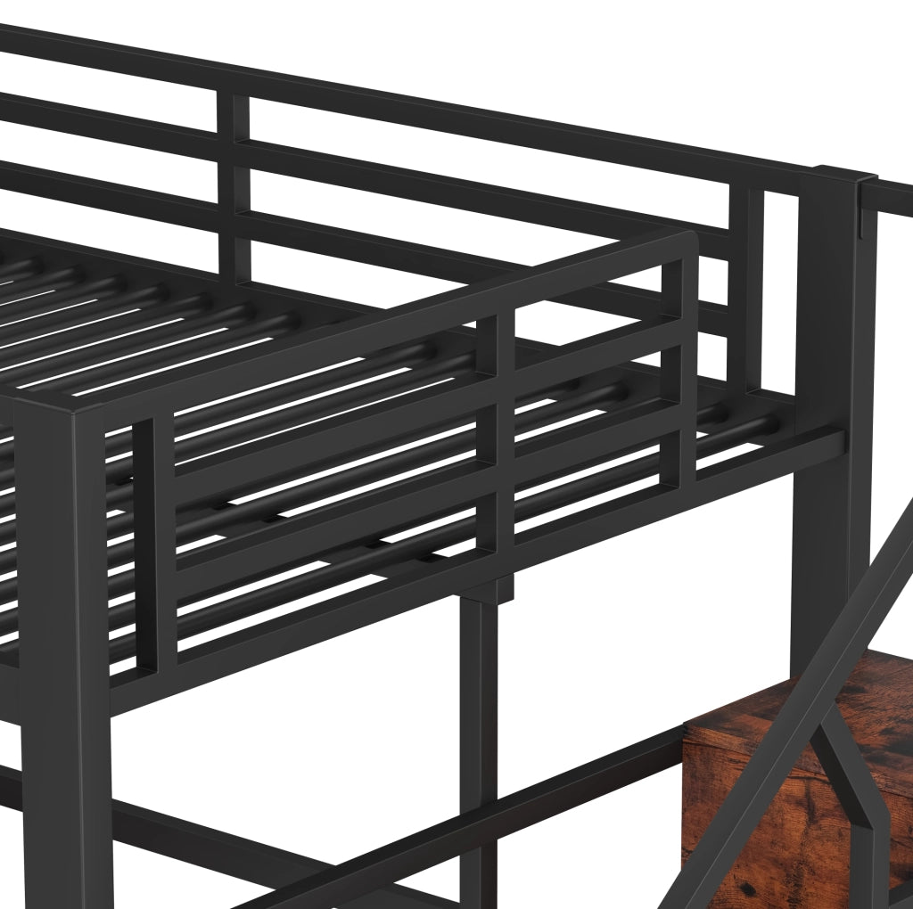 Letto a soppalco 140x200 cm con LED; scaletta e parapetti in metallo e MDF nero