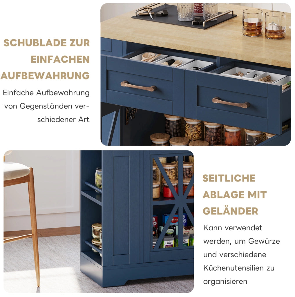 Carrello isola da cucina blu con piano pieghevole, prese elettriche e ruote