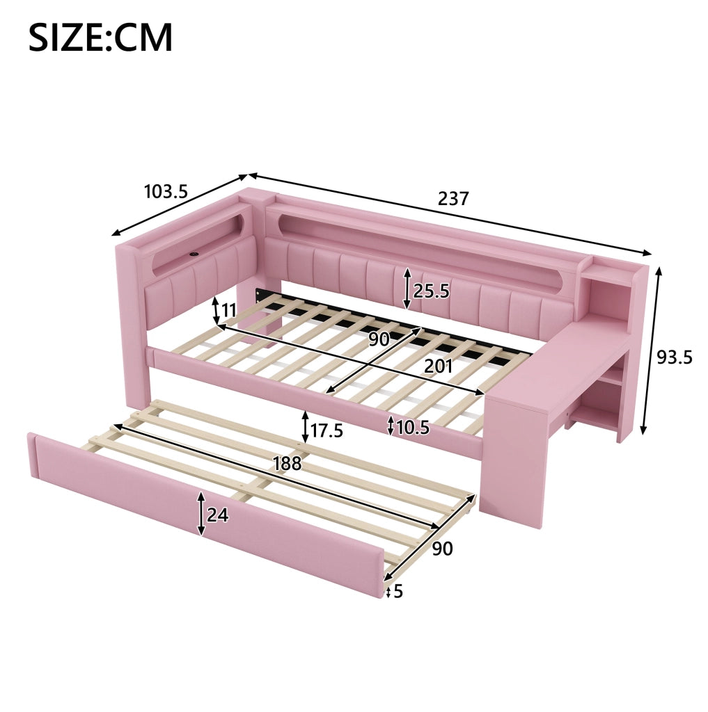 Letto singolo imbottito 90x200 cm rosa con LED, USB ed estraibile