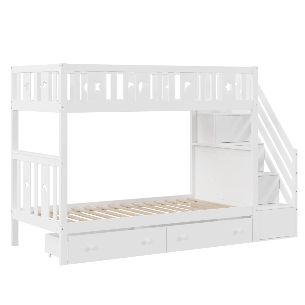 LETTO a castello 90x200 cm bianco con scala contenitore e 2 cassetti