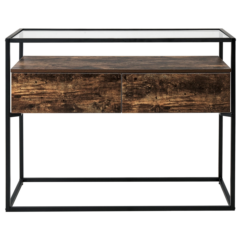 Tavolo consolle moderno piano in vetro struttura in metallo con 2 cassetti in legno scuro