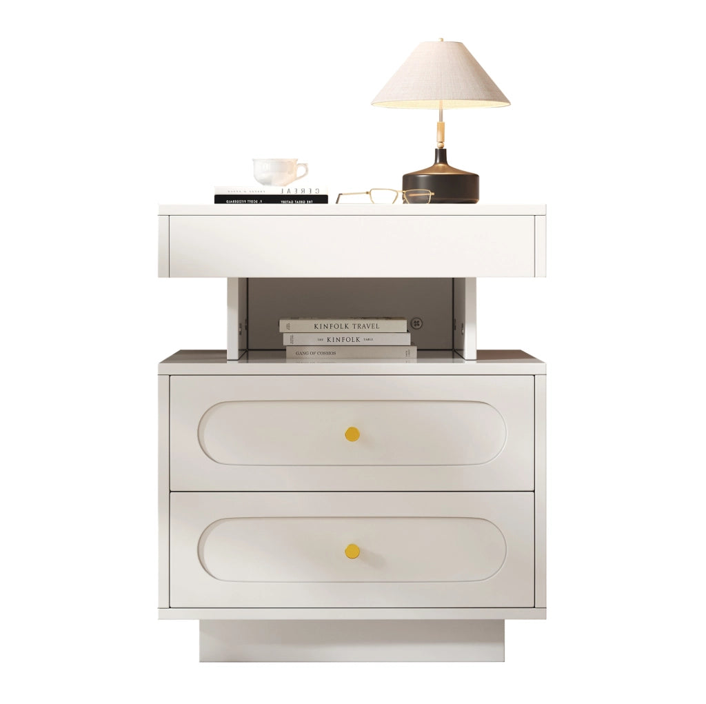 Comodino con LED, 2 cassetti e vano aperto, Bianco, 100x40x60 cm