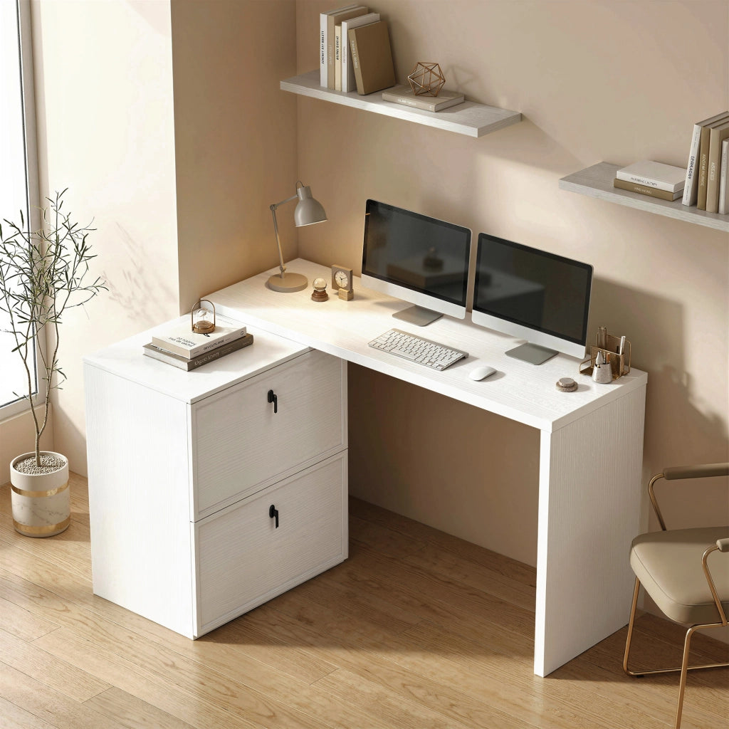 Scrivania Angolare Moderna con 2 Cassetti ¨C Zephmum ¨C Bianco 90x50x75 cm