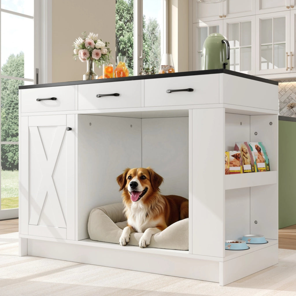 Carrello da cucina con 3 cassetti, vano per animali domestici e ripiano regolabile, bianco
