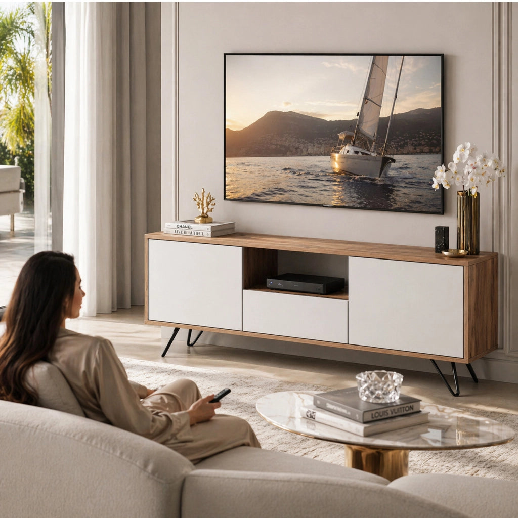 Mobile TV Con 2 Ante Battenti Anta A Ribalta E Vano A Giorno Mobile Porta TV Design Minimal Moderno Per Soggiorno Salotto Zona Living Sala Da Pranzo 137 X 52 X 33 Cm Rovere E Bianco