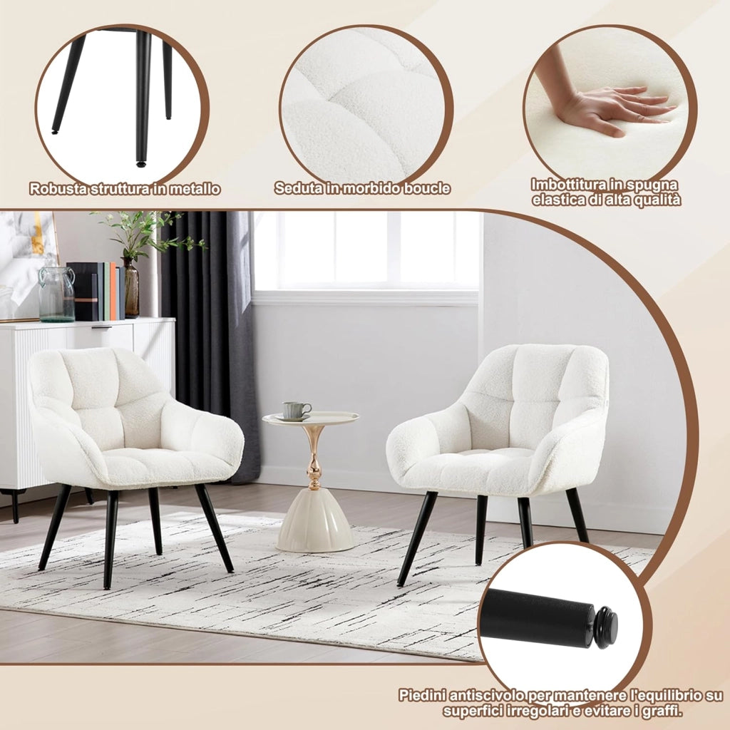 Poltrona Relax Lounge, Sedia Moderna, Poltrona per Camera da Letto Soggiorno, Poltroncina in Velluto di Agnello con Gambe in Metallo, Portata 150 kg, Crema, SKS47cm