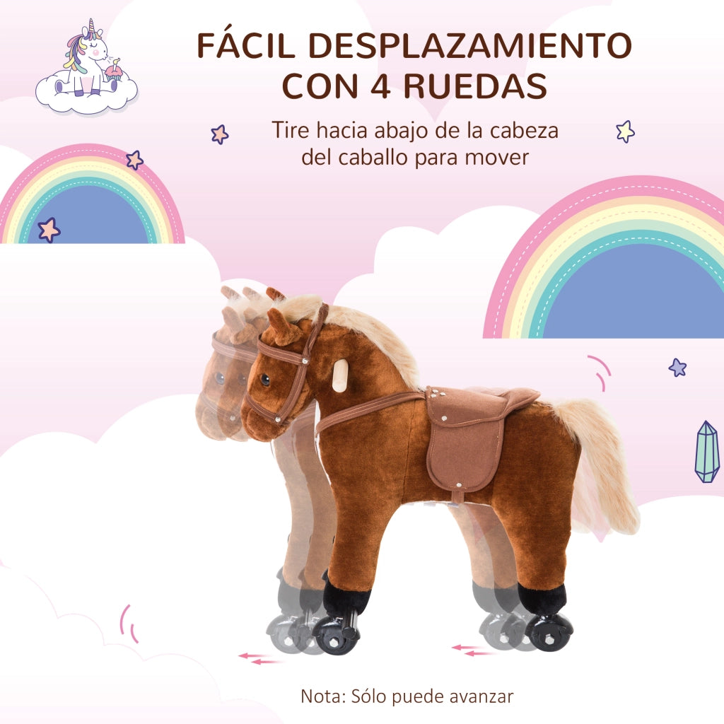 Cavallo a dondolo con ruote - Xylo - Legno, suoni, pedali, 55x23x60 cm, marrone