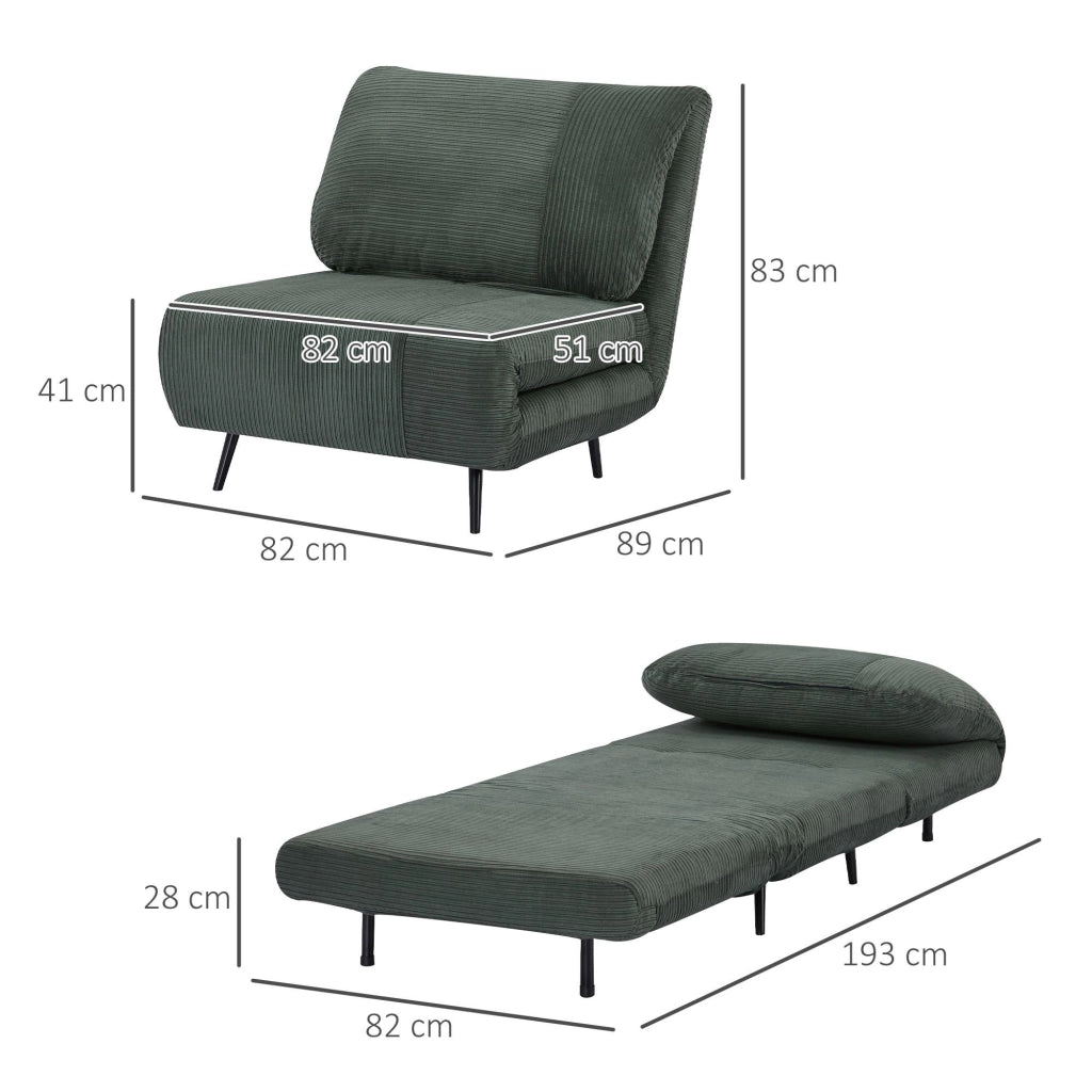 Poltrona Letto Singolo Trasformabile 82x89x83 cm in Legno e Acciaio Tessuto Velluto a Coste Verde