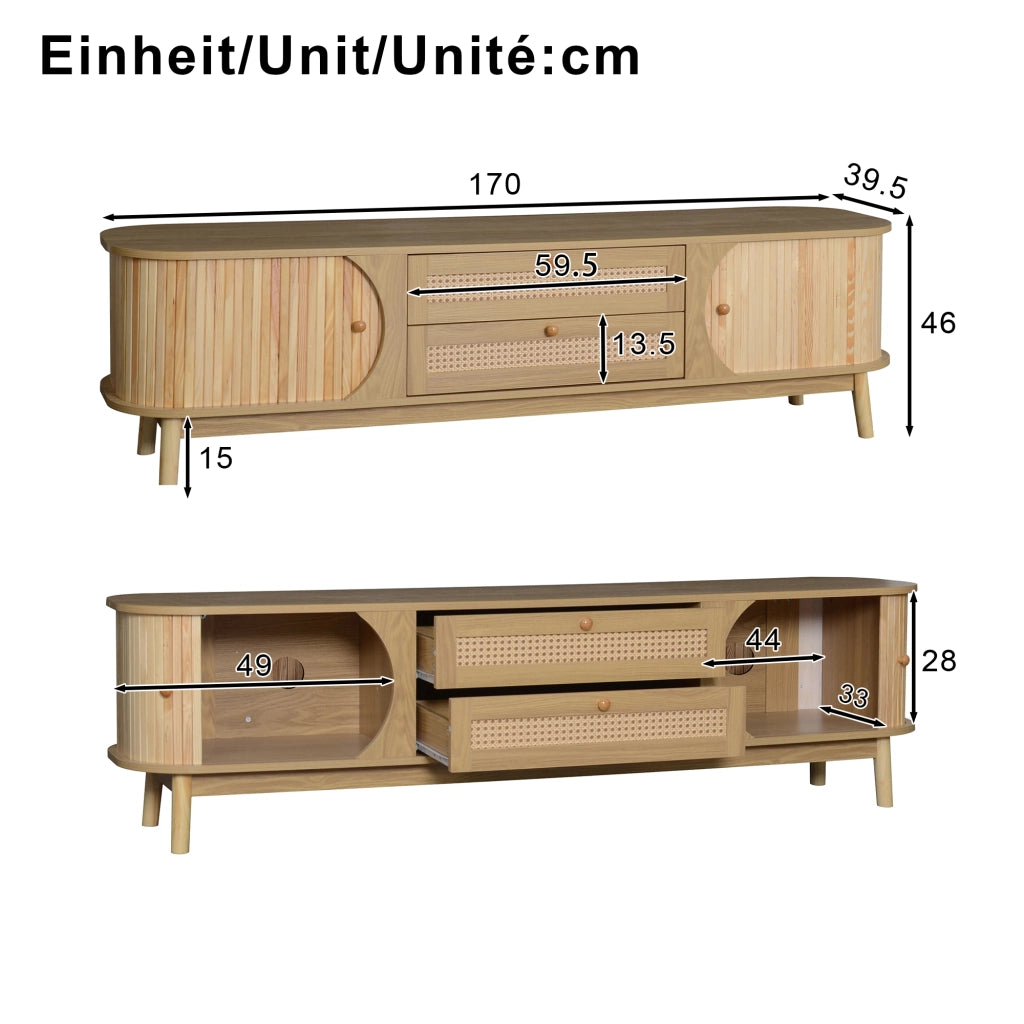 OKWISH Mobile TV con Ante e Cassetti, Frontali Effetto Rattan, Stile Naturale per Soggiorno, MDF e Legno Massello, 170×39,5×46 cm