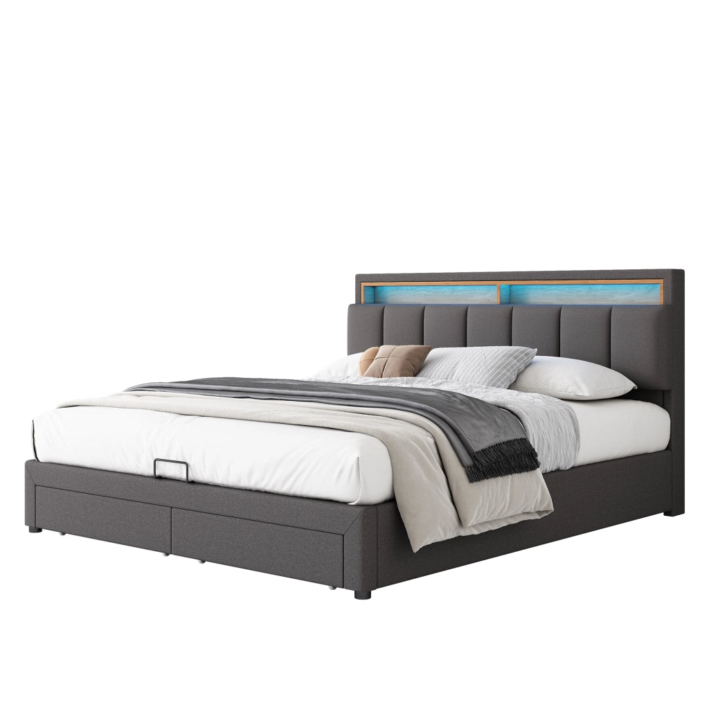 Letto matrimoniale 180x200 con contenitore; LED e rivestimento in lino grigio