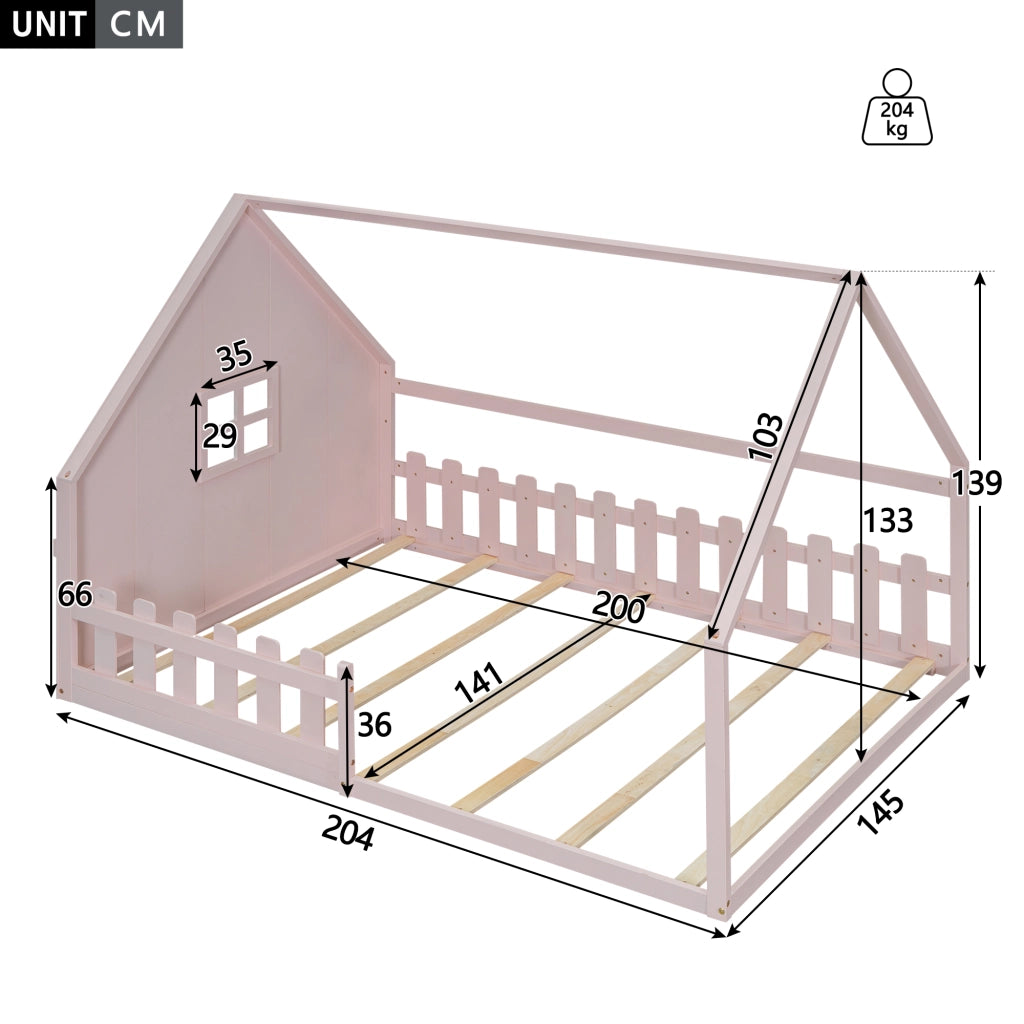 Letto Casetta 140×200 cm; Letto Singolo 2 Posti con Sponda; senza Materasso; in Pino e MDF; Rosa