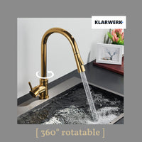 JANA | Rubinetto da cucina estraibile Premium in acciaio inox oro lucido miscelatore arco alto | gastro alta pressione ruotabile a 360° 2 attacchi