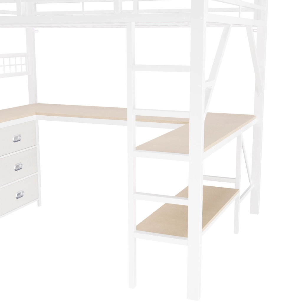 Letto a soppalco 140 × 200 cm con scrivania a U cassetti ripiani LED con app metallo MDF bianco