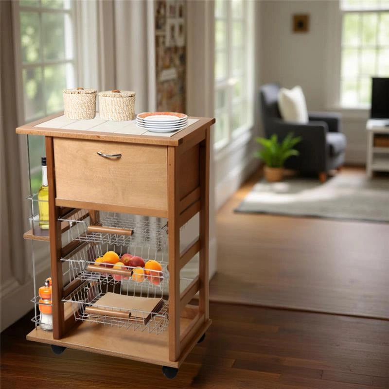 CARRELLO VESUVIO PORTAPANE+PORTABOTTIGLIE ROVERE IN FAGGIO BASE INFERIORE MULTISTRATO DI BETULLA 1 CASSETTO 3 CESTELLI PIANO MATTONELLE IN CERAMICA