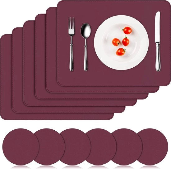 Set di assorbitori per piatti, composto da 6 assorbitori e 6 sottopiani in PVC, antiscivolo, impermeabile, termoresistente, 41 x 31 cm, rosso bordeaux