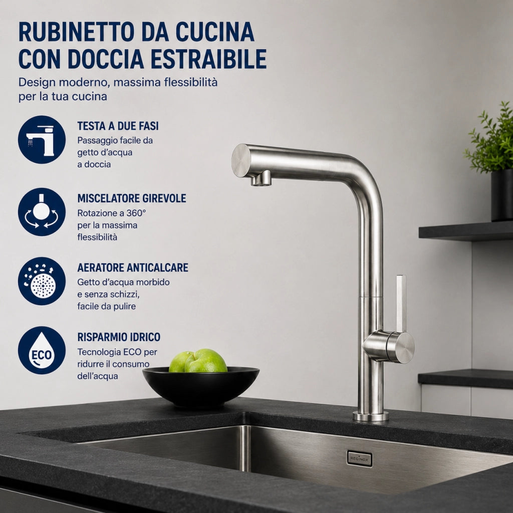 Rubinetto Miscelatore Cucina Acciaio Satinato Canna Alta Girevole Quadrata 87957
