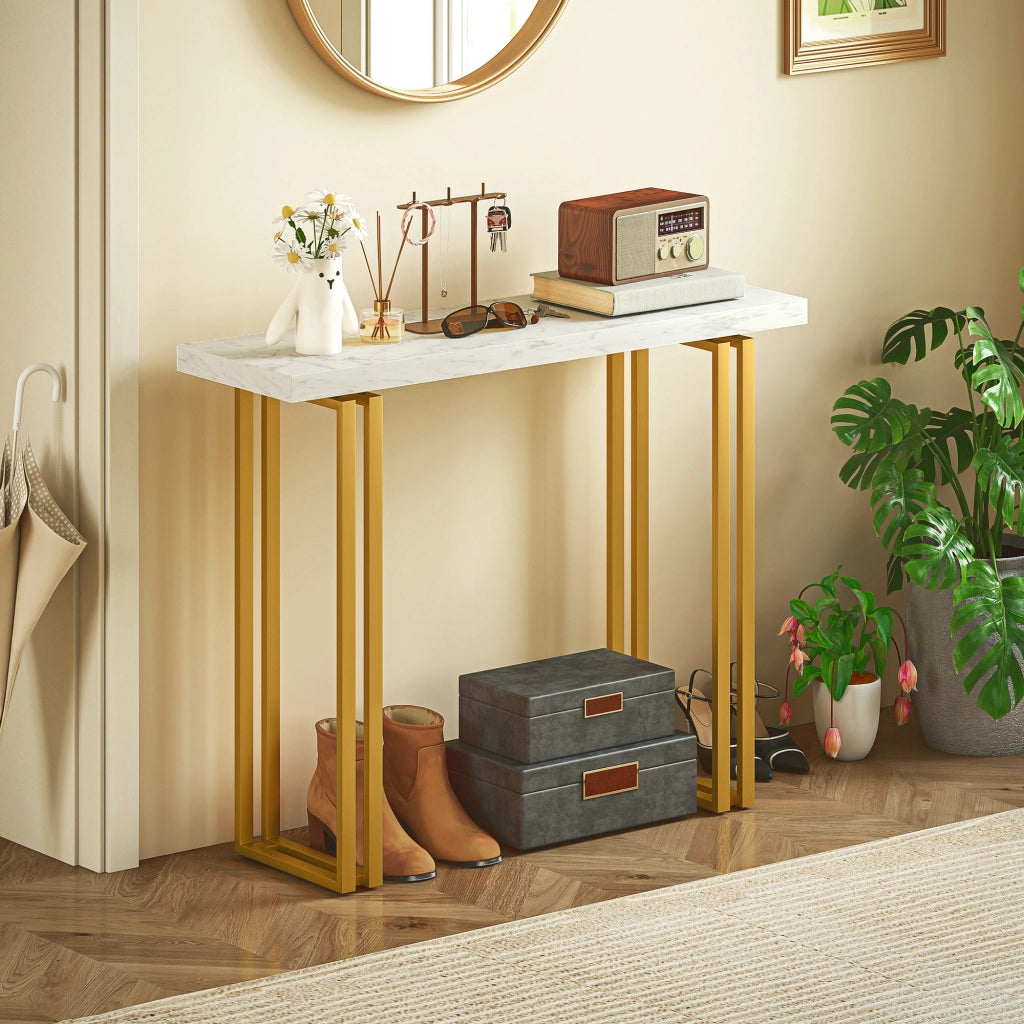 Tavolo console con piano in marmo effetto ¨C zephmum ¨C bianco oro 100x30x78,5 cm