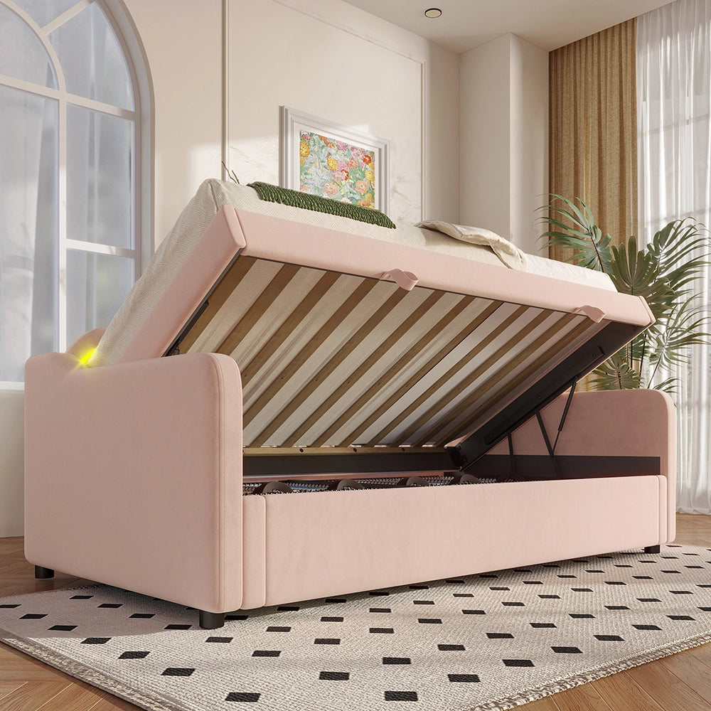 Letto giorno idraulico 90x200cm - Xylo - rosa, LED, spazio ripostiglio