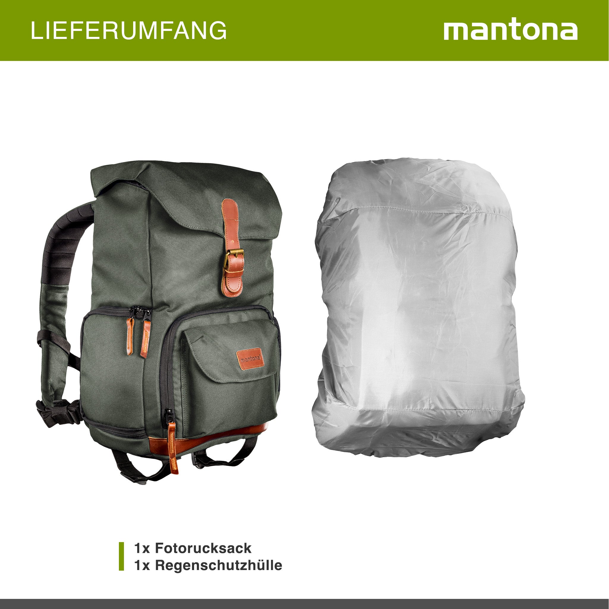 Mantona Luis junior Retro Zaino fotografico verde, per fotocamera con copertura antipioggia, borsa fotografica con scomparto per laptop, DSLR, 3 obiettivi e accessori fotografici