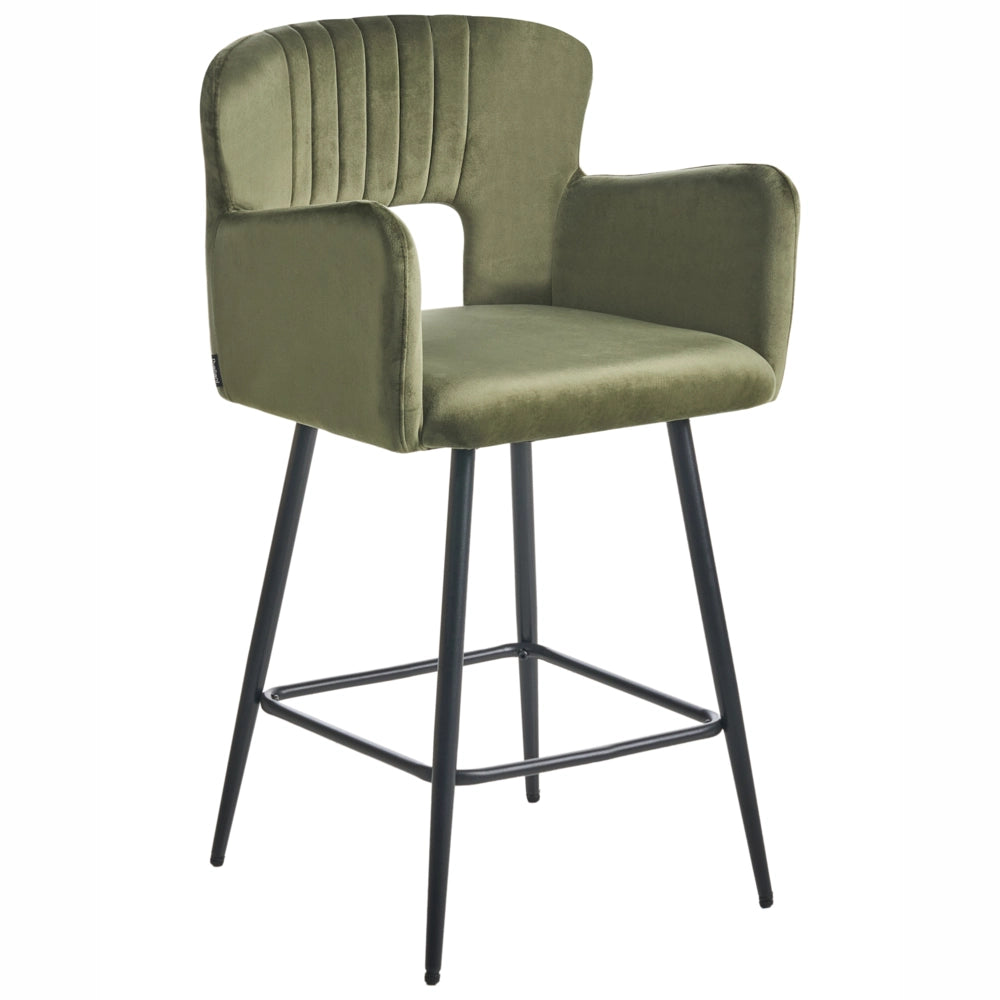 Set di 2 sgabelli da bar velluto verde oliva braccioli schienale intagliato gambe in metallo moderna industriale