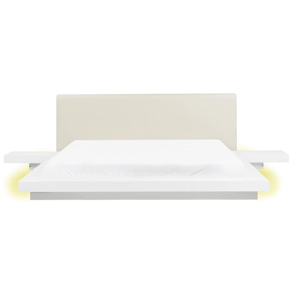 Letto matrimoniale basso giapponese con LED e comodini testata in ecopelle bianca 180 x 200 cm camera da letto