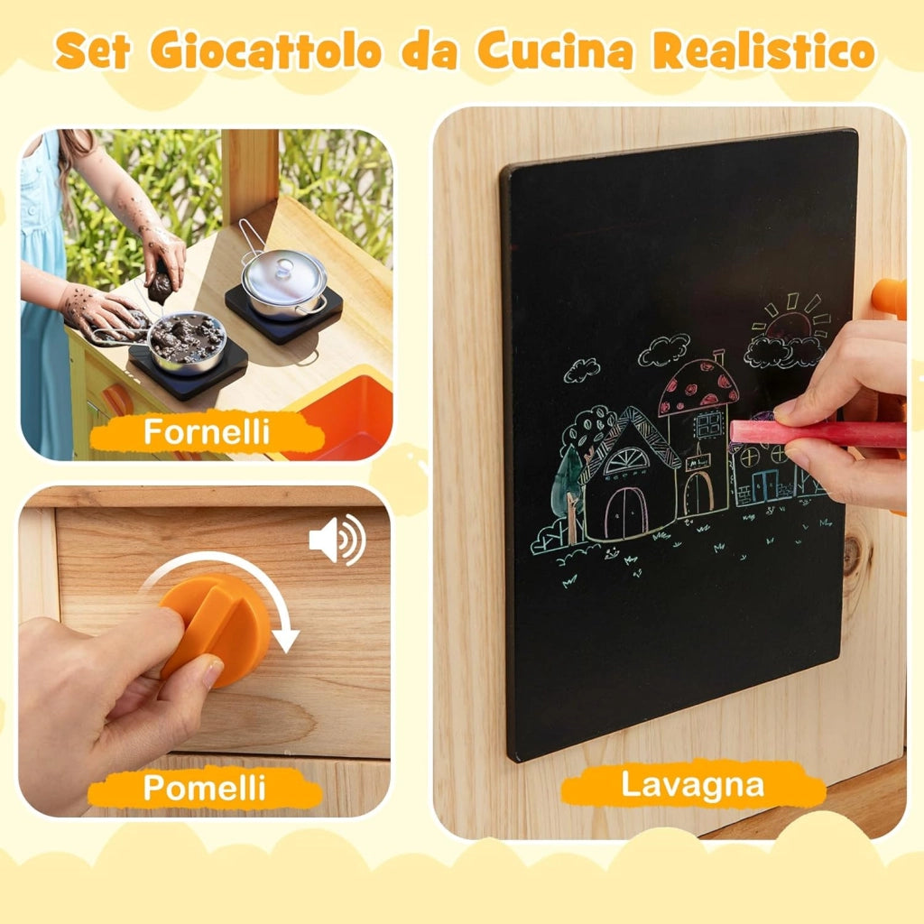 Cucina Giocattolo per Giardino con Lavagna Acrilica per Dipingere, Cucina in Legno di Abete per Bambini con 4 Vasi da Giardinaggio, Set Cucina con Accessori, 68 x 34 x 93 cm